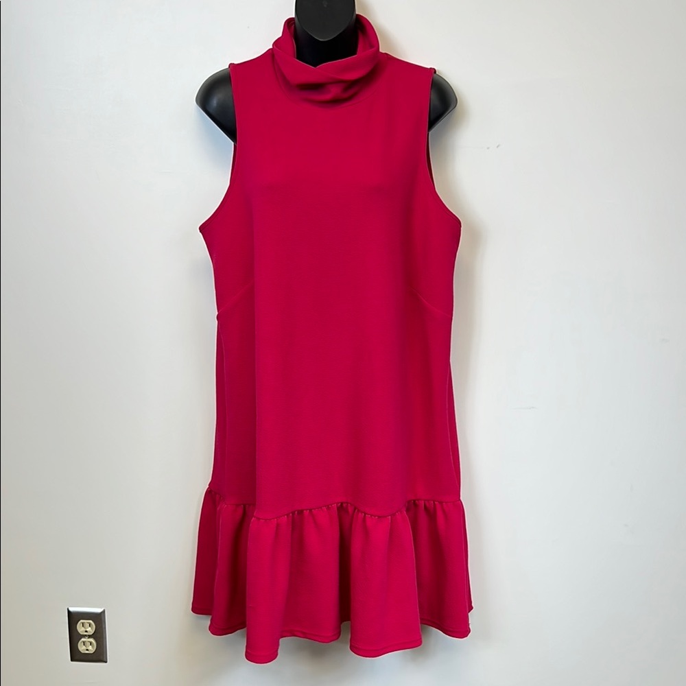 Opehlia Roe Pink Sleeveless Dress High Neck Keyhole Back & Ruffle Hem Size M